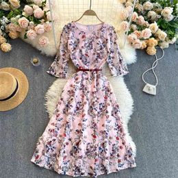 Fashion Women Elegant Lace Flower Round Collar Thin A-line Dress Print Clothes Vintage Vestidos R252 210527
