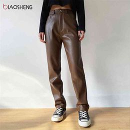 Faux PU Leather Pants For Women Trouser High Waist Straight Leg Fashion Brown Casual Vintage Leisure Streetwear 210925