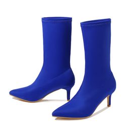Autumn Women Sock Boots Stretch Fabric Slip On 6CM High Heels Pointed Toe Ankle Boots Women Pumps Stiletto Ladies Shoes