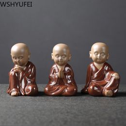 1 PCS Ceramic Tea pet Small Buddha Statue Monk Figurine Ornaments Desktop Purple Ceramic decoration Tea Set Accessories