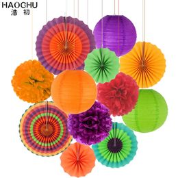 12pcs/lot Hanging Paper Crafts Paper Lantern Tissue Fans Pompom For Baby Girl Boy Baptism Decor Wedding Kids Birthday Party 211015