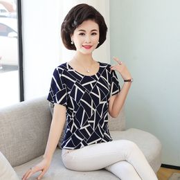 Women Summer T-shirt Printed Milk Silk Short Women's T shirt Middle-aged Mother Clothes Plus size L-4XL Female Tops 210302