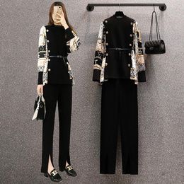 Women's Two Piece Pants Large Size Women 's Clothing 2021 Autumn Style Fat Sister Western Slimming Patchwork Top Casual - Suit