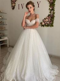 Glitter Tulle Dotted A Line Princess Wedding Dress Off Shoulder Sweep Train Bride Dresses 2021 Elegant Long Plus Size Bridal Gowns US2 US26W