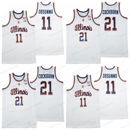 New Illinois Fighting Illini College 11 Ayo Dosunmu 21 Kofi Cockburn Basketball Jersey Men's Stitched White Top Quality