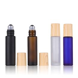 Metal Ball And Plastic Wooden Grain Cap Glass Roller Essential Oil Frosted Bottles 10ml