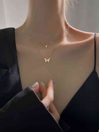 925 Silver Diamond Butterfly Double Layer Necklace Women's Simple Design Sense of Versatile Temperament Net Red Cold Wind Clavicle Chain