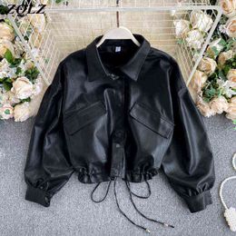 ZQLZ Vintage Leather Coat Women Loose Black Pu Jacket Female Single Breasted Punk Short Faux Leather Overcoat Mujer 211118