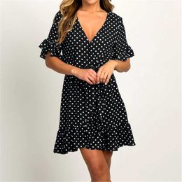 Summer Chiffon Dress Boho Style Beach Dress Fashion Short Sleeve V-neck Polka Dot A-line Party Dress Sundress Vestidos 210527