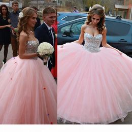 Pink Quinceanera Dresses 2021 Beaded Crystals Tulle Sweetheart Neckline Custom Made Sweet 16 Birthday Prom Princess Ball Gown Vestido 403 403