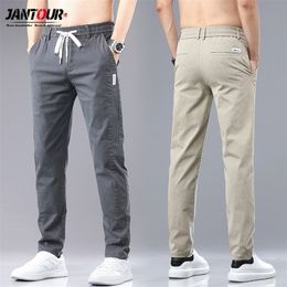 Spring Summer Men's Casual Pants Cotton Solid Colour Slim Drawstring Elastic Waist Classic Khaki Grey Thin Jogging Trousers Male 220311