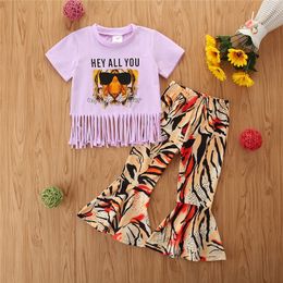 Designer 1-6Y Summer Kids Girls Clothes Sets 2pcs Flowers Animal Print Short Sleeve Tassel T Shirts Flare Pants