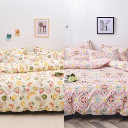 Cotton Bedding Set 4pcs with Duvet Cover Bed Sheet Pillowcase Children Pastoral Flowers Bed Linen Set King Queen Full Twin Size C0223