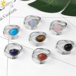 Silver Colour Open Ring Round Natural Stone Crystal Cabochon Carved Leaf Adjustable Finger Rings for Women Men Jewellery