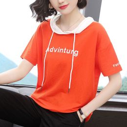 2021 100% Cotton Hoodie O Neck T Shirt Woman Summer Short Sleeve Shirt Woman T-shirt Loose Korean Style Plus Size Women Shirts 210306