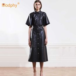 Autumn Women'S Pu Leather A-Line Dress Lapel Sleeves Single Breasted Retro Black Celebrity Party Midi Vestidos 210527