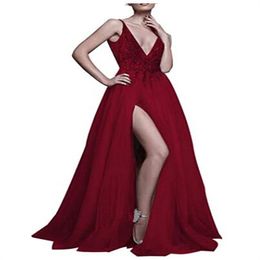 2022 Spaghetti Long Chiffon Prom Dress A Line Lace Side Split Evening Dresses For Women Elegant Sweep Train Woman's Ceremony