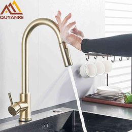 Champagne Bronze Gold Sensor Kitchen Faucets Sensitive Smart Touch Control Faucet Mixer Tap Touch Sensor Smart Kitchen Taps 210724