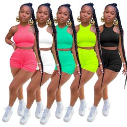 Summer Women Tracksuits Sleeveless Vest + Shorts Solid Color 2 Piece Jogger Sets Yoga Outfits Gym Clothes Plus Size 859