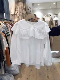Spring Sweet Lace Ruffles Patchwork Peter Pan Collar Full Pullover White Shirt Women Tops 210615