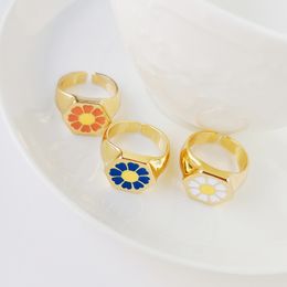 2021 Trend Y2K Vintage Love Enamel Ring for Women Korean Dripping Oil Color Contrast Flower Metal Open Ring Couple Jewelry