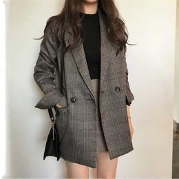 Women's Blazer Suits check Long Sleeve Cotton jacket Csual vintage Coat Plaid blazer Jacket Notched solid Elegant Women Tops 99i 211122