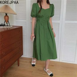 Korejpaa Women Dress Summer Korean Chic Ladies Retro Square Neck Clavicle Cross-Tie Butterfly Tunic Puff Sleeve Vestidos 210526