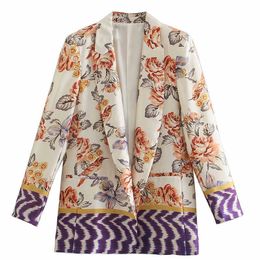Floral Print Contrast Color Long Sleeve Women Casual Suit Jacket Open Front Female Loose Blazers Summer Coat Tops 210604