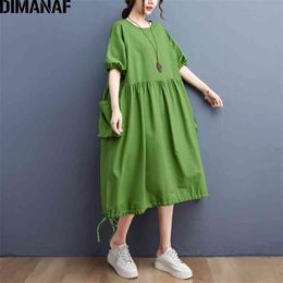 plus size cotton summer dresses pockets UK - Plus Size Summer Dress Sundress Green Black Pockets Women Vestidos Lady Long Basic Casual Loose Cotton Linen 210531
