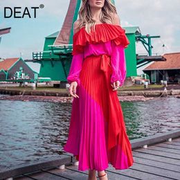 DEAT Spring Long Sleeve Slash Neck Strapless Red Fuchsia Patchwork High Waist Ruffles Maxi Dress Women MH896 210709