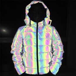 Detachable Hooded Reflective Jacket Loose Glowing Parka Winter Women Luminous Casual Coat padded Hoodies Warm Streetwear 211216