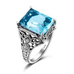 Cluster Rings Turkish Jewellery 925 Sterling Silver Cocktail Charm Geometric Aquamarine For Women Men Handmade Gift Hyperbole