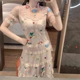 Summer Women Dress Flare Sleeve Patchwork Mesh Embroidery High-end French Lace Cake Dresses 210603