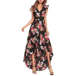 PERHAPS U White Black Floral Flower Print V Neck Lace Hollow Out Ruffle Tank Sleeveless Asymmetrical Backless Summer Dress D0597 210529