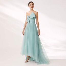 Sage High Low Bridesmaid Dresses Strapless Bow Neck A Line Country Maid Of Honour Gowns Floor Length Plus Size Tulle Pleated Wedding Guest Dress