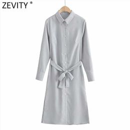 Zevity Women Elegant Turn Down Collar Solid Colour Side Split Business Mini Dress Chic Female Breasted Sashes Vestido DS5013 210603