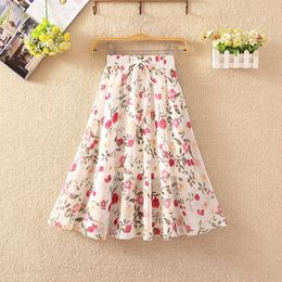 New Summer Vintage Skirts Women Casual Chiffon Print Beach Boho Skirt Female Elegant Saia Elastic High Waist Pleated Skirt Women 210309