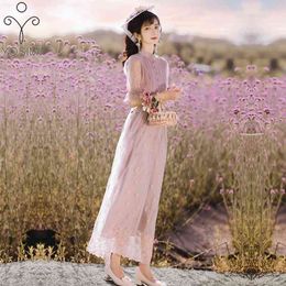 YOSIMI Lace Long Women Dress Summer Purple Embroidery Party Maxi Vintage Short Sleeve Evening es Elegant 210604