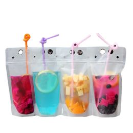 Clear Drink Pouches Bags frosted Zipper Stand-up Plastic Drinking Bag with straw with holder Reclosable Heat-Proof 500ml DH9632