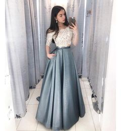 Sexy two pieces half sleeves Prom Dresses with pockets off shoulder 2021 lace bodice A-line Long evening Gowns Fashion Formal Dress
