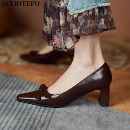 ALLBITEFO Retro bowtie genuine leather high heels shoes thick heels office ladies shoes autumn/spring women heels shoes 210611