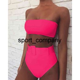 Hot Pink Two Pieces High Waist Bikini 2021 Bandeau Swimwear Women Sexy Swimsuit Push Up Bikinis Bathing Suits Solid Beach Wear
