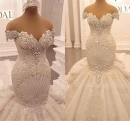 Luxury Appliques Lace Mermaid Wedding Dress 2023 Elegant Off Shoulder Crystal Backless Ruffles Arabic Dubai Bridal Gowns Vestidos De Noiva