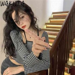 WAKUTA Sexy Off Shoulder Crop Tops Women Korean Style Slim Vintage Plaid Long Sleeve Fake Camis Spring Sweet Girls 210719