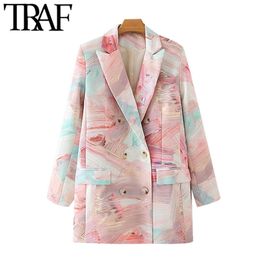 TRAF Women Fashion Double Breasted Graffiti Print Blazers Coat Vintage Long Sleeve Pockets Female Outerwear Chic Tops 211006