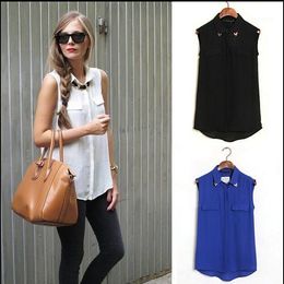 Sale EURO STYLE CANDY Colours TURN DOWN COLLAR WITH RIVET SLEEVELESS CHIFFON BLOUSE FAKE POCKET WOMEN FREE 1