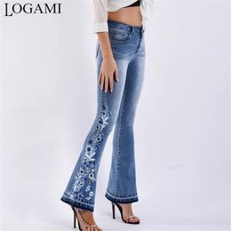 LOGAMI flower Embroidery skinny jeans woman vintage flare denim pants womens 4XL plus size 210708