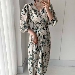 Chic Korean Elegant Retro Slim Lace Up Waist Puff Long Sleeve Irregular Floral Dress Women Mid Print Vestido Feminino Spring 210610