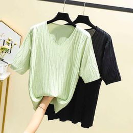 Plus Size Women's Clothing Short Sleeve V Neck Solid Oversized Thin Basic Sweater Pullover Loose Summer Kint Pull Jumper Mujer 210604