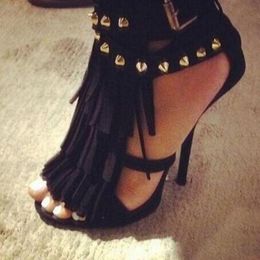 Sandals Suede Fringe Tassels Ankle Rivet Weave Strap Peep Toe High Heels Female Summer Party Club Shoes